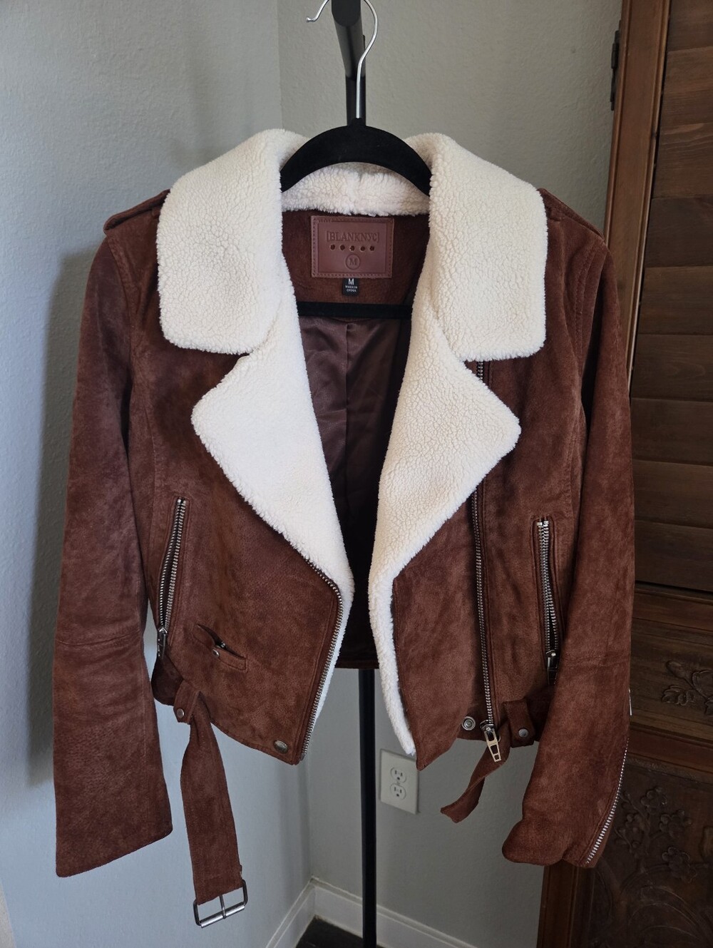 Free People X Blank NYC Brown Leather Suede Jacket with Cream Sherpa Collar M